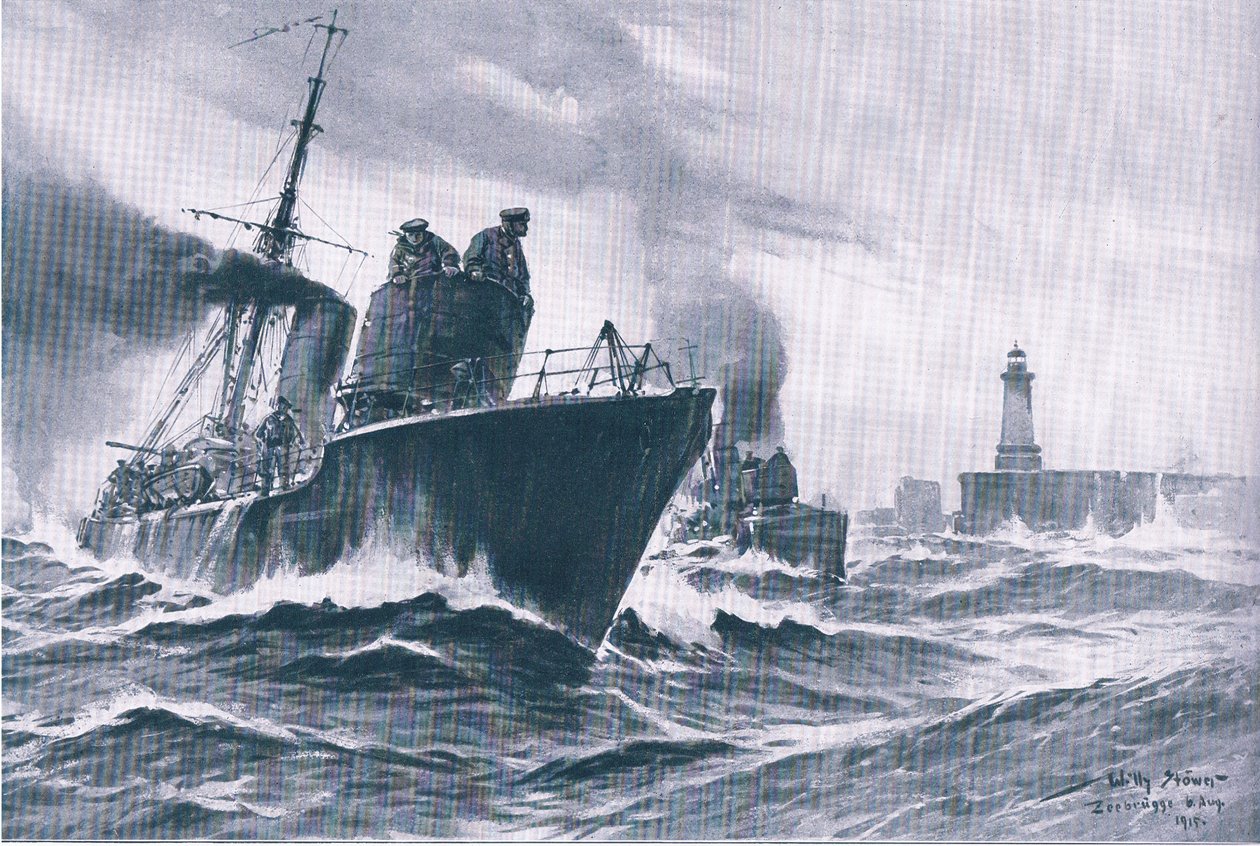 Patrol boats and minesweepers sailing out of the port of Zeebrugge, from The Illustrated History of the World War 1914-1915 by Willy Stoewer 