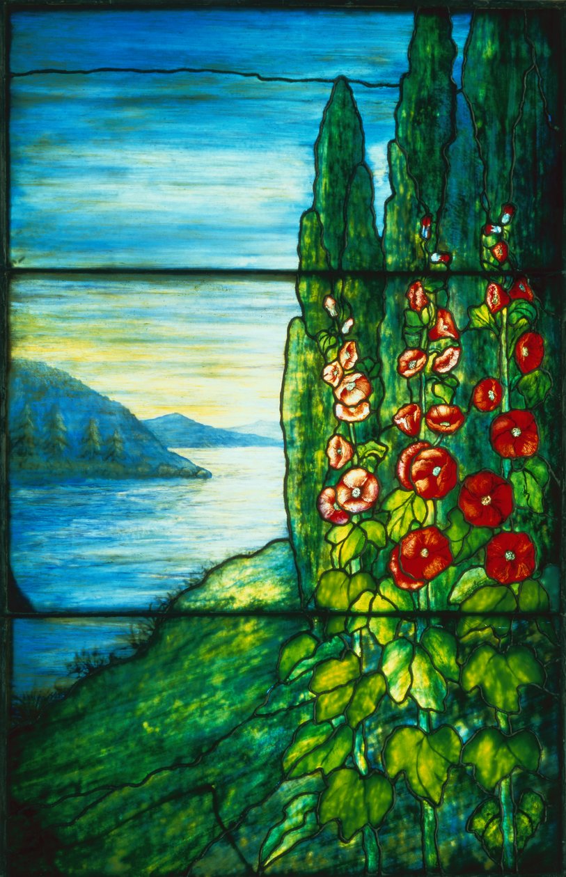 Lake Scene with Blossoming Hollyhocks by Studios Tiffany