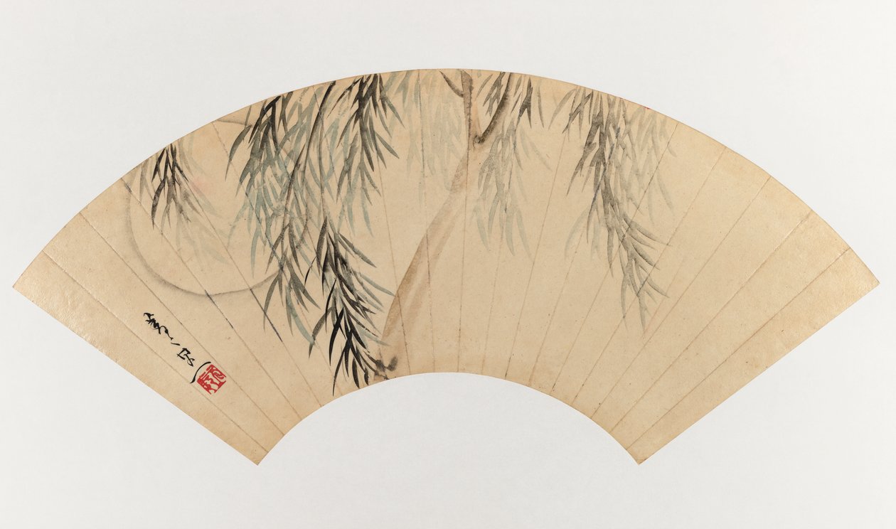 Willow and Moon (Fan Painting) by Suzuki Kiitsu