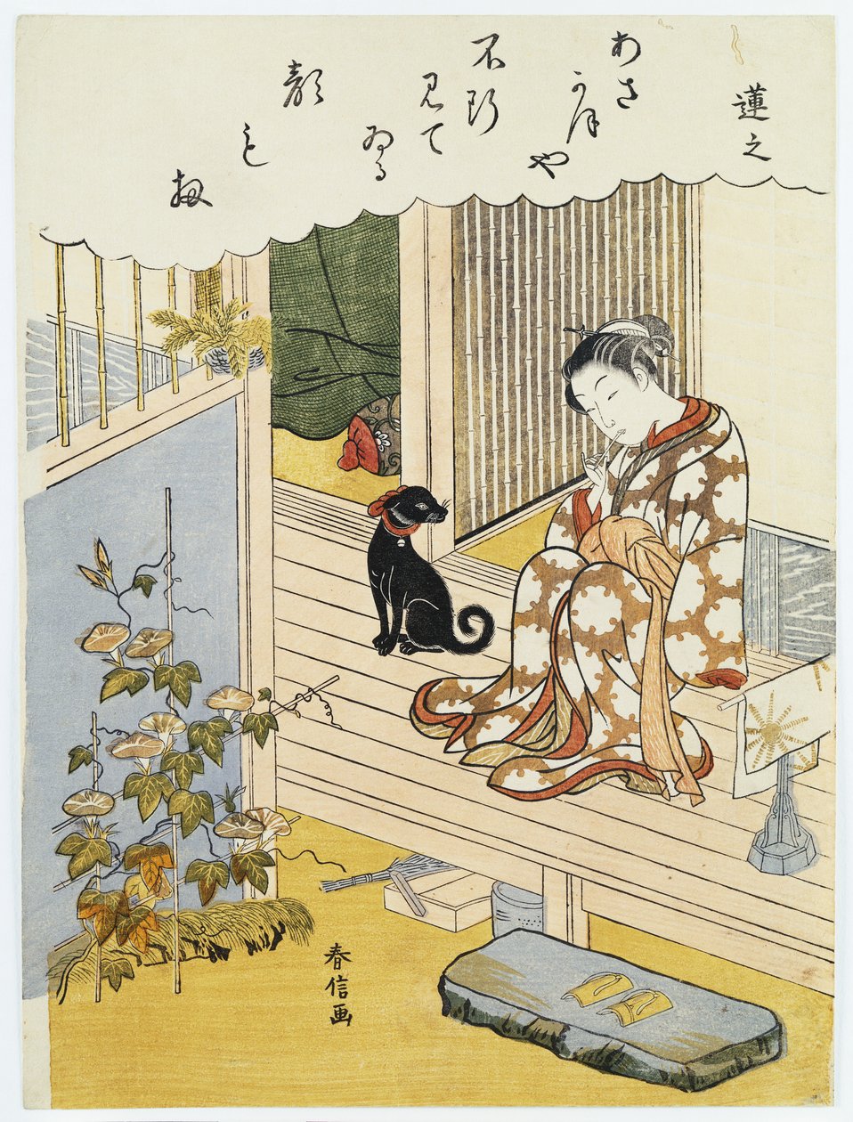 A courtesan seated on a verandah brushing her teeth and pensively looking at flowering morning glory by Suzuki Harunobu