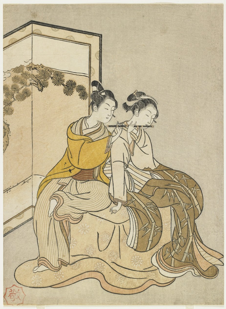 Calendar Print for Meiwa 2 and a Mitate of Emperor Xuanzong and Yang Guifei, 1765 by Suzuki Harunobu