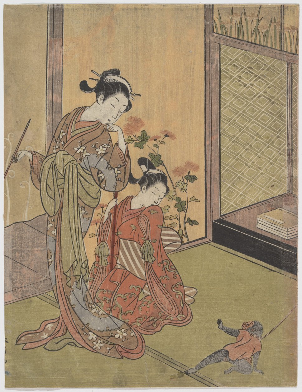 Two Girls Looking at a Monkey on a Leash by Suzuki Harunobu