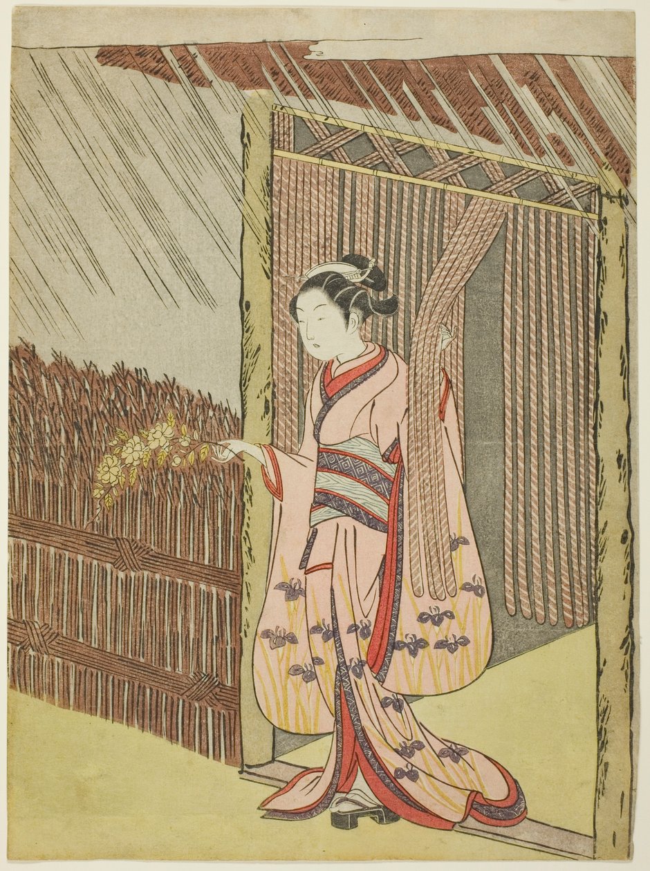 Woman Holding a Branch of Kerria Flowers in the Rain by Suzuki Harunobu