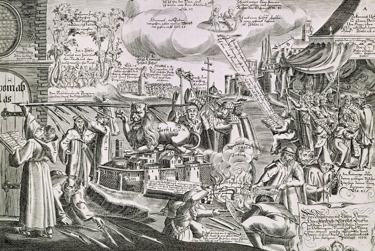 Martin Luther writing on the church door at Wittenberg in 1517 by Swiss School