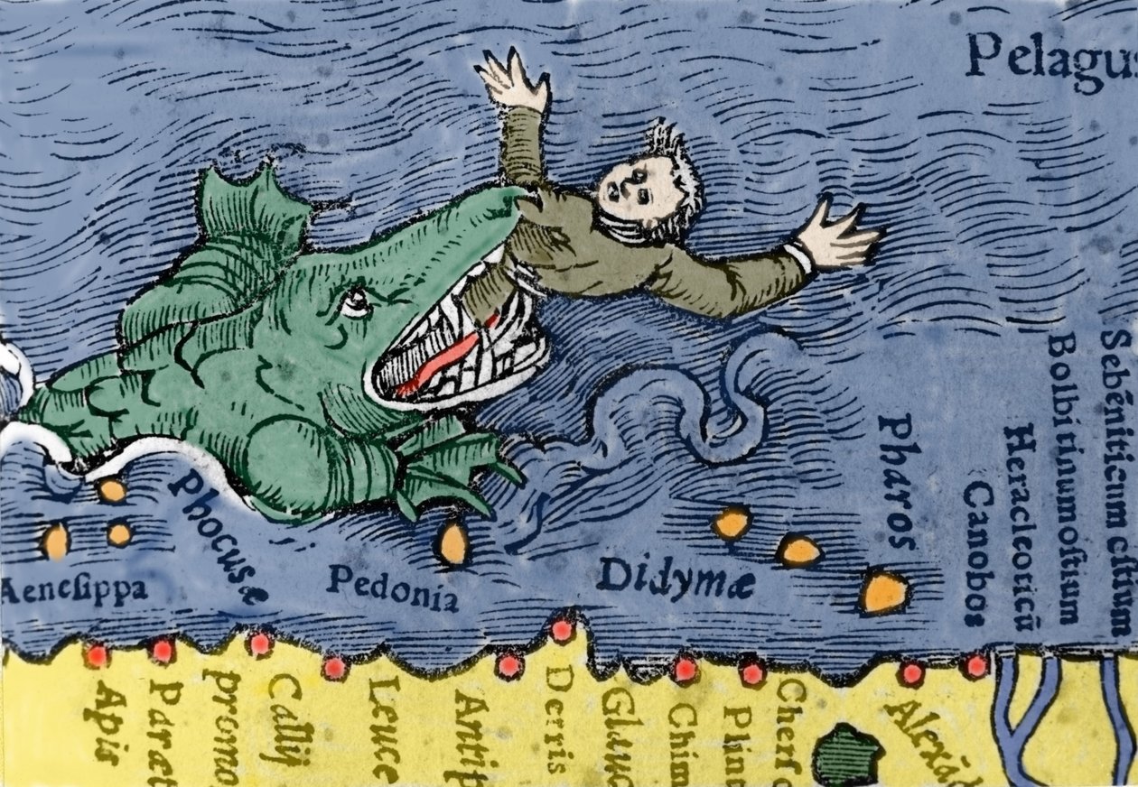 Sea Monster eating a human, illustration from 