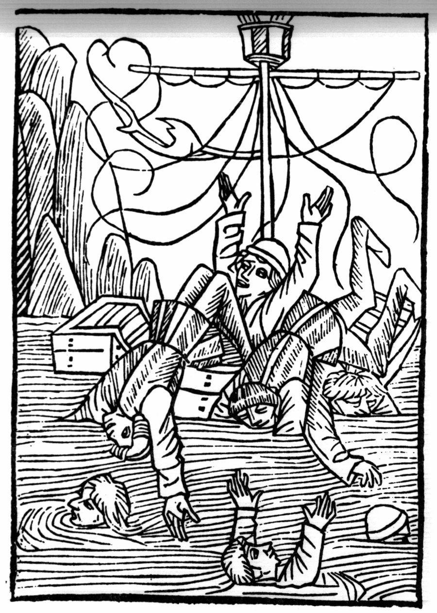 The Legend of Saint Brendan (Brandan), Hero and Irish Saint of the 6th century. Ships are sinking in the Cleves Sea. Engraving of 