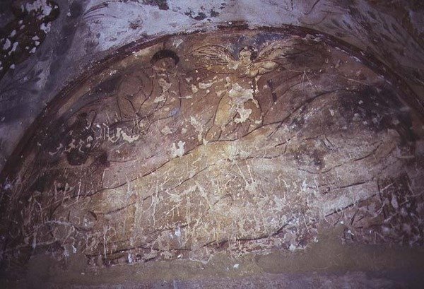 Fresco depicting an angel over two figures lying on the ground, from the Apodyterium, early 8th century by Syrian School