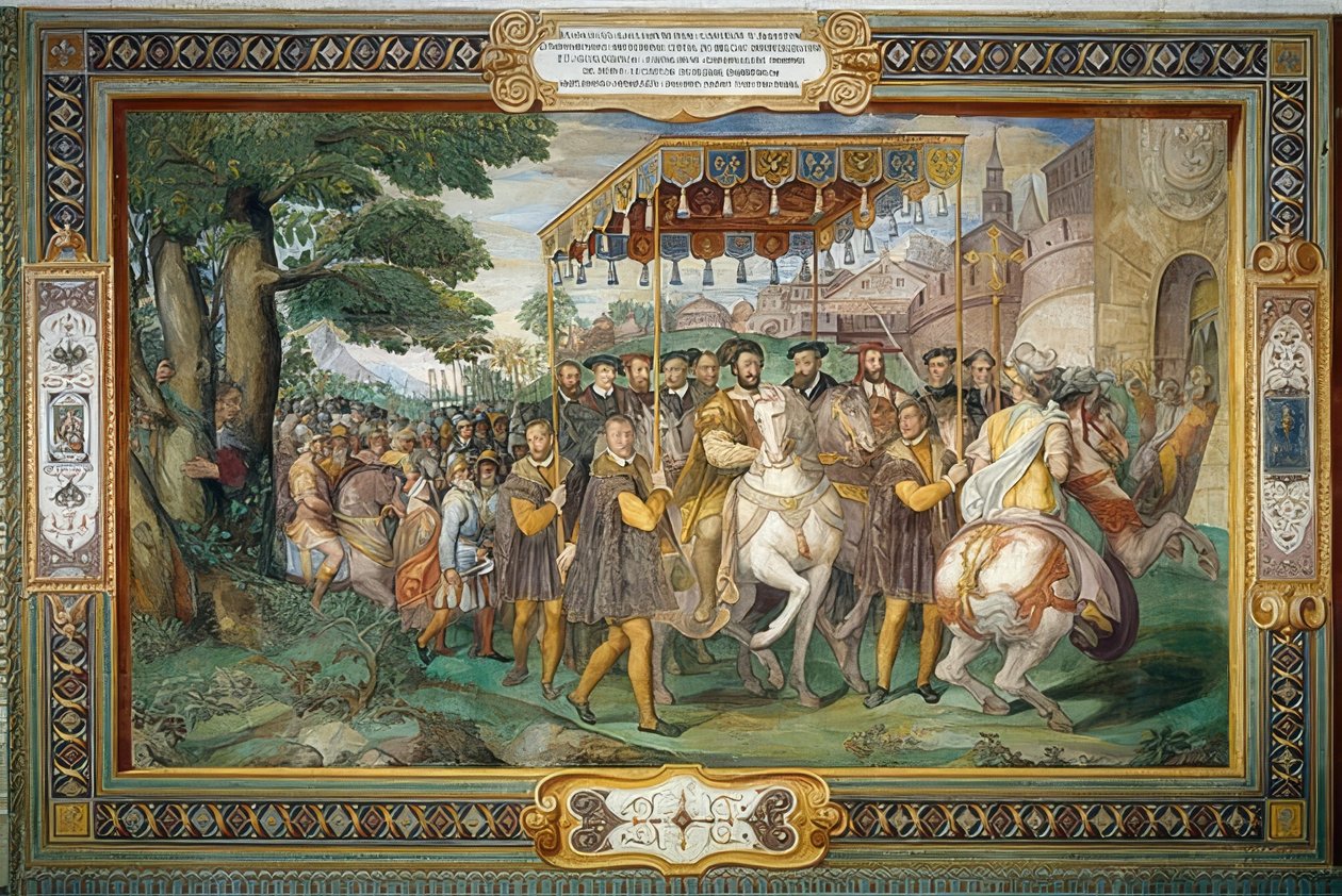 King Francis I Receives Charles V and Cardinal Alessandro Farnese in Paris 1540. 1559 by Taddeo Zuccari