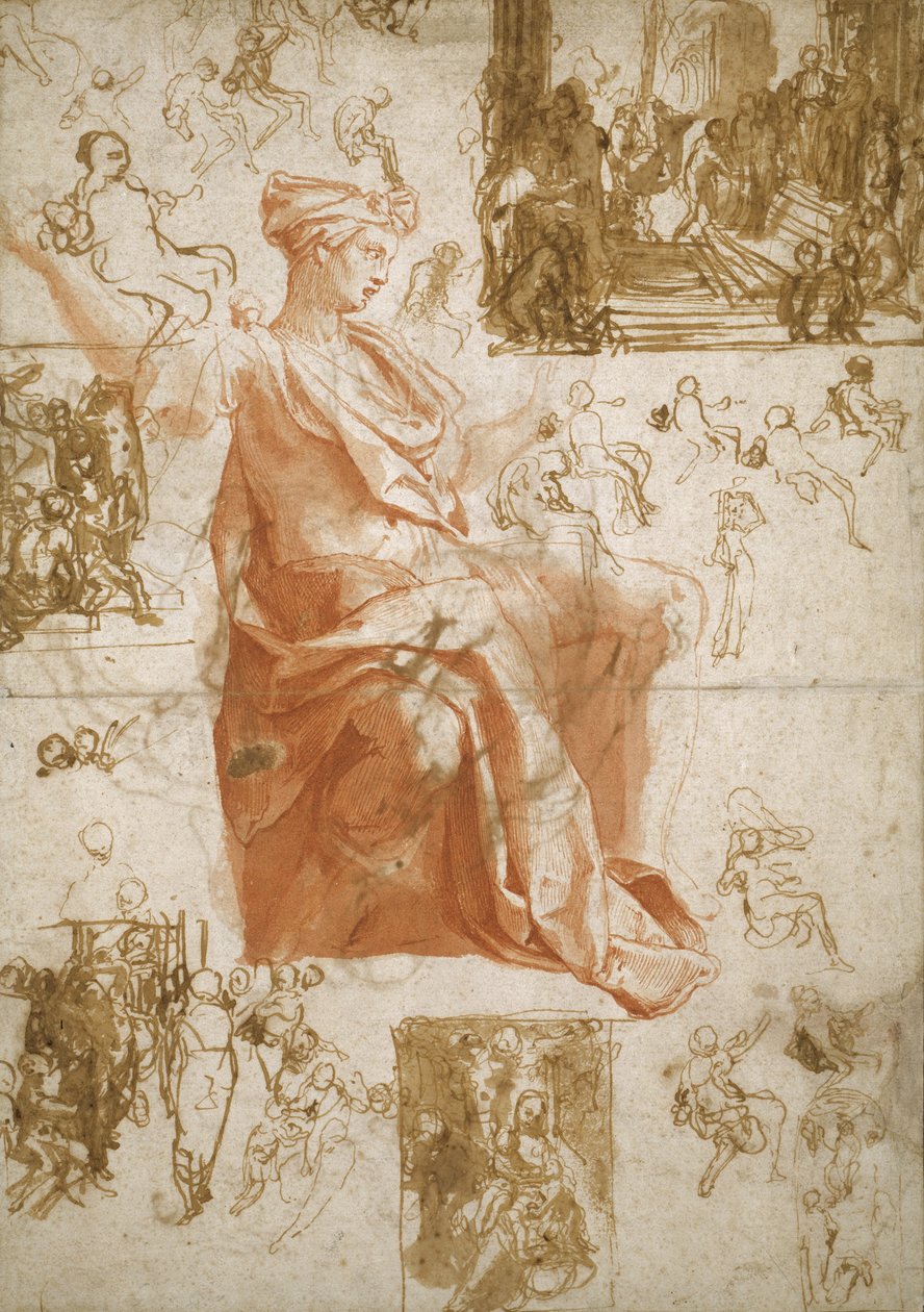 Sheet of Studies for the Blinding of Elymas, Sacrifice at Lystra, and a Holy Family by Taddeo Zuccaro