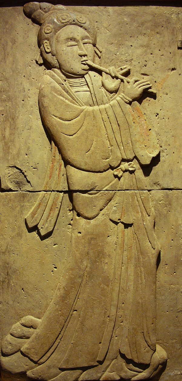 Terracotta stele with musician, Tang Dynasty (618-907), discovered in Shaanxi Province, Steles Forest Museum in Xian. Photography, Leonard de Selva, China, 2006 by Tang Dynasty Chinese School