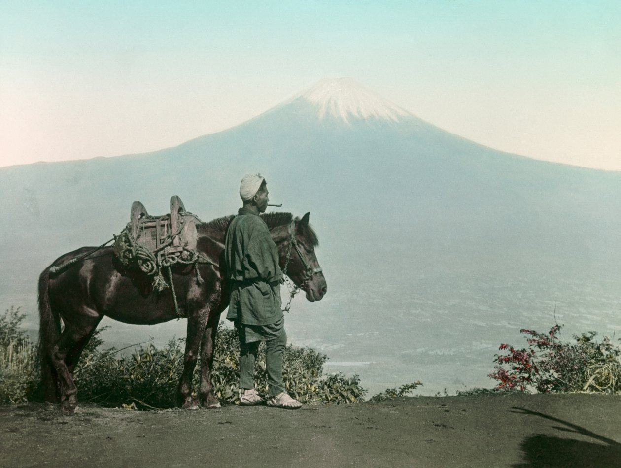 Japanese Man with Horse on Mount Otome, Toga Gazing at Mount Fuji ...