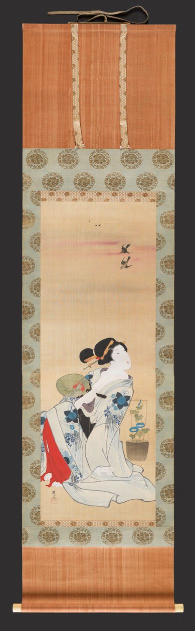 Beauty Holding a Fan Seated beside a Pot of Morning Glory by Teisai Hokuba