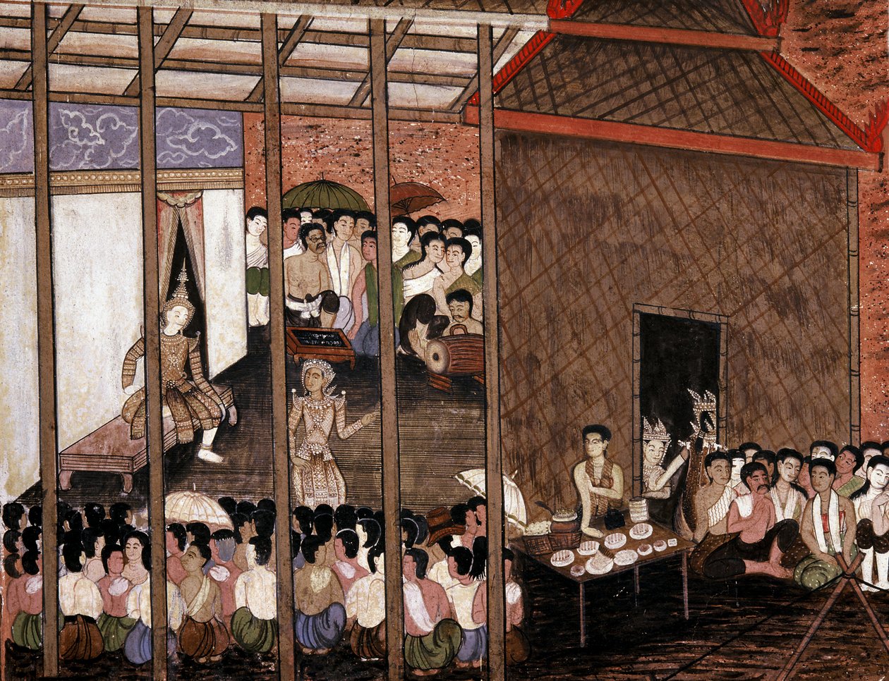 A crowd watches a theatrical performance by Thai School