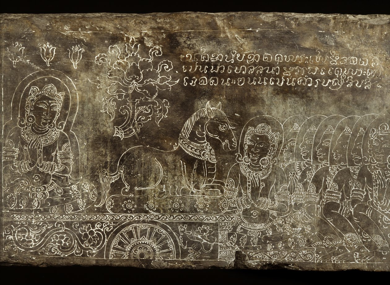 Engraved stone panel depicting the Bhojajania Jataka Tale, from Wat Si Chum, Sukhothai, 14th-15th century by Thai School