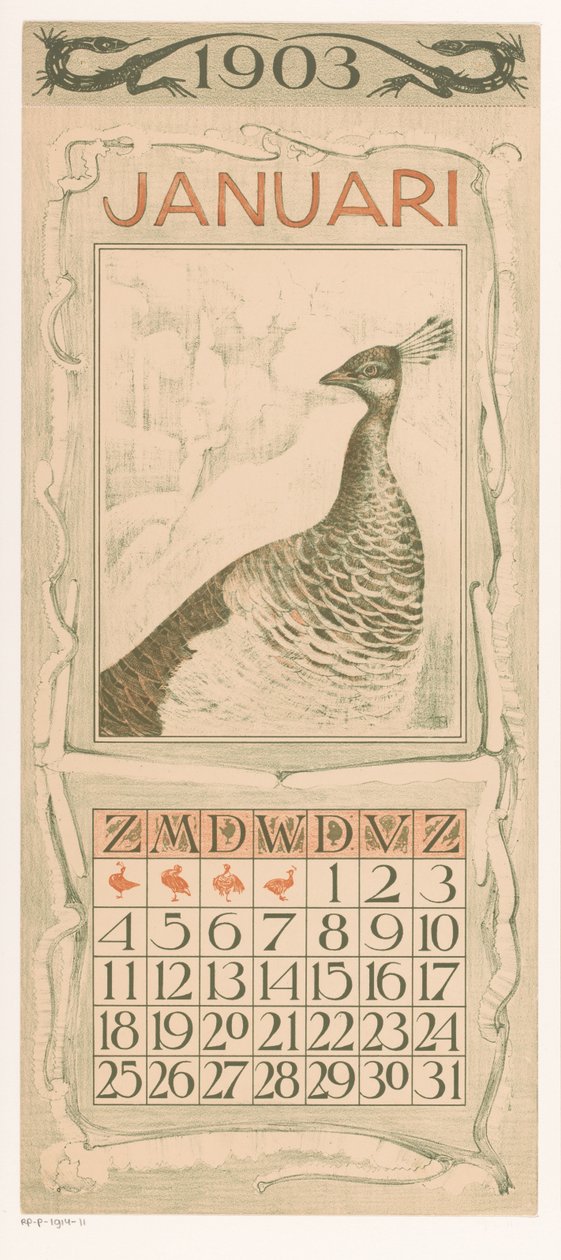 Calendar Page January with Peacock (Calendar 1903, 12 Lithographs by Th. v. Hoytema) by Theo van Hoytema