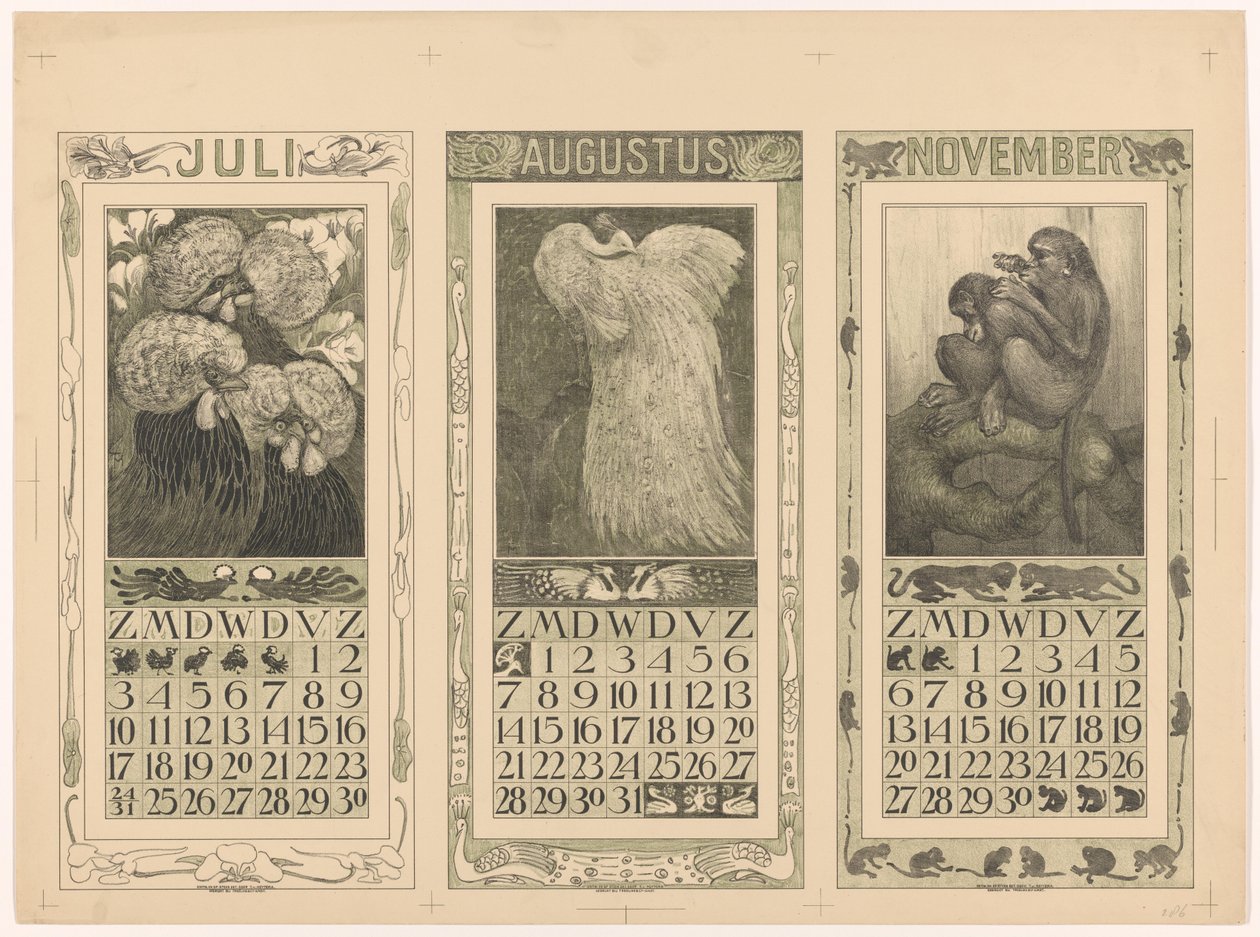 Calendars for July, August, and November 1910 by Theo van Hoytema