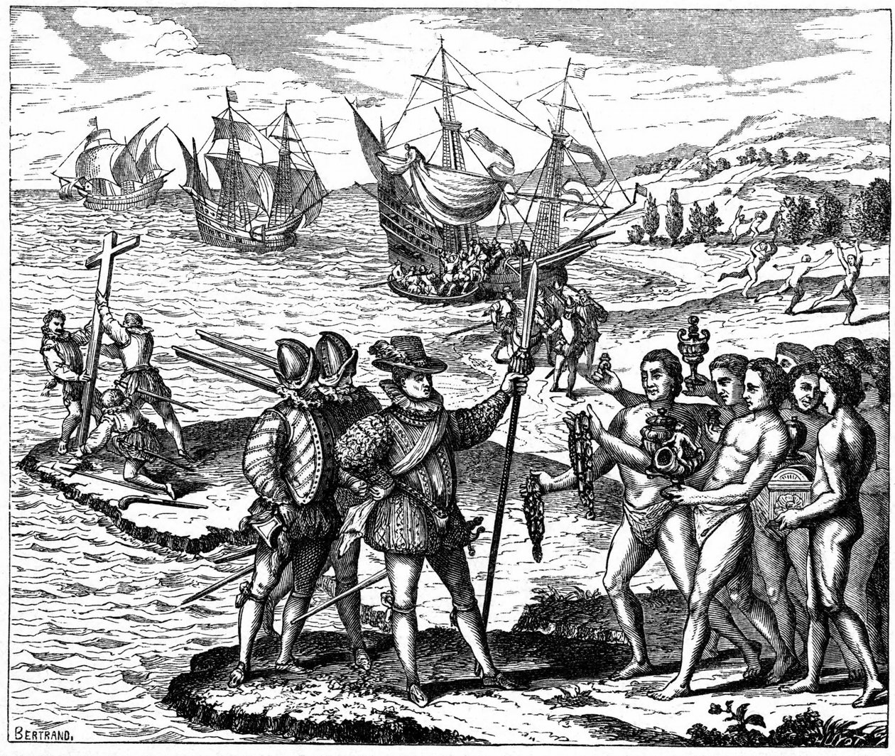 Christopher Columbus (1451-1506) Genoese explorer, discovering America - 12 May 1492. From engraving by Theodore de Bry 1590. by Theodor de Bry