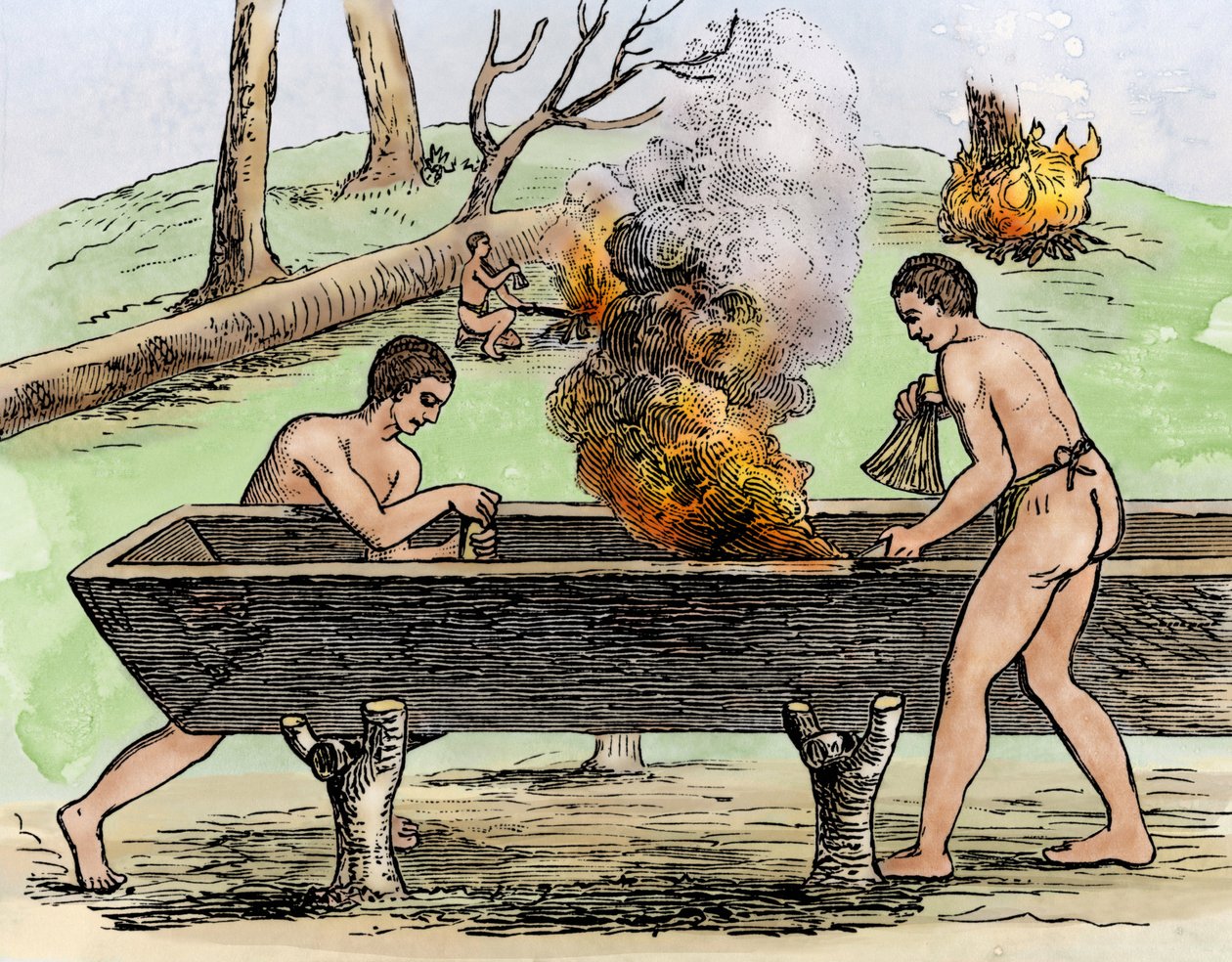 Indians Making a Canoe, Engraving 1590 by Theodore De Bry by Theodor de Bry