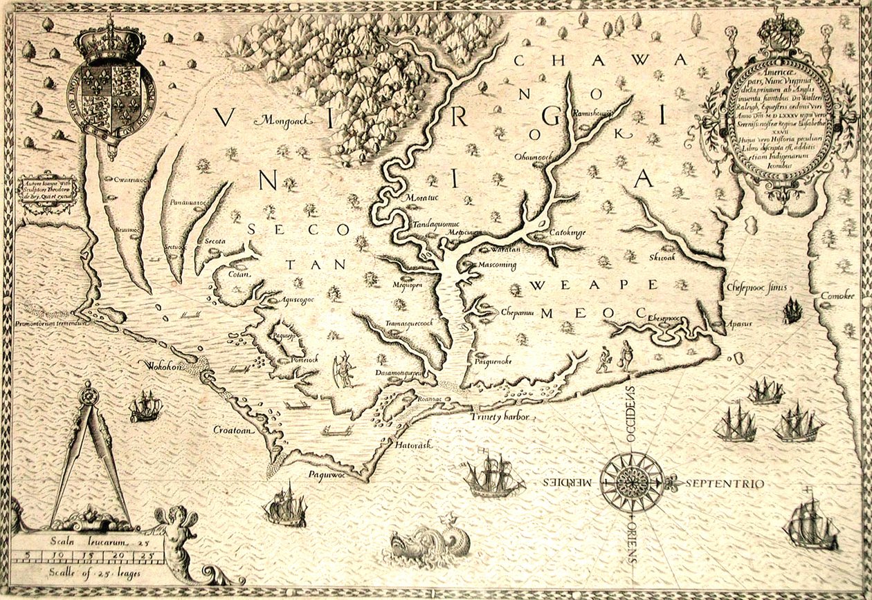 Map of 1590 engraved by Theodore de Bry after watercolour by the English colonist John White, governor of Roanoke. Virginia and coast with small islands and Roanoke at mouth of river. Secotan and Weapemeoc native lands by Theodor de Bry
