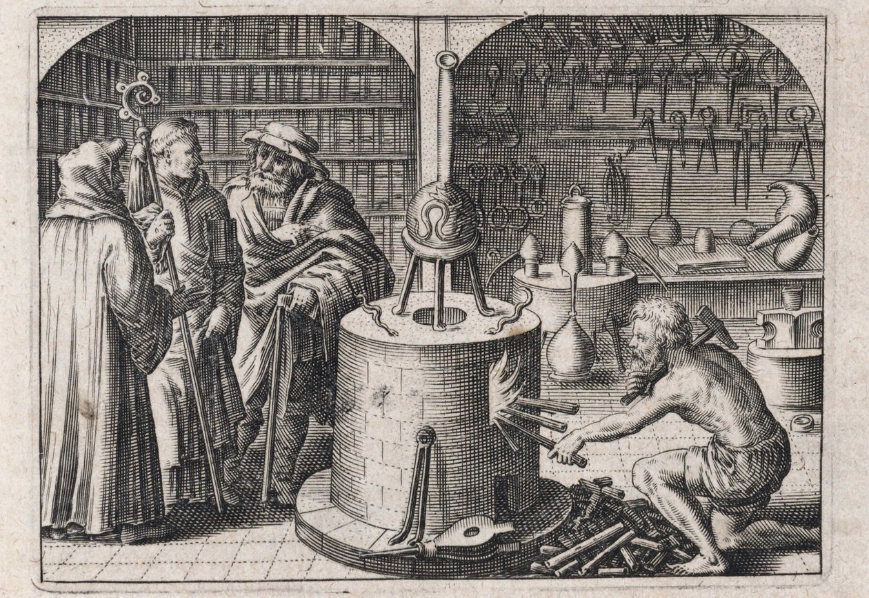 Three Scholars Conversing in the Alchemy Workshop, with Furnace and Instruments by Theodor de Bry