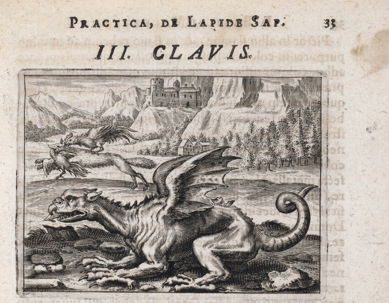 A Dragon, in the Background, a Chicken-stealing Wolf Attacked by a Rooster (Engraving by Theodore de Bry) by Theodor de Bry