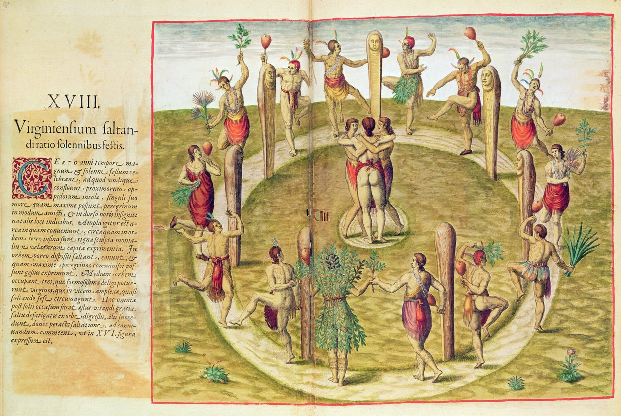 Admiranta Narratio, The Virginian Ritual Dance of Friendship (page 85) by Theodore de Bry