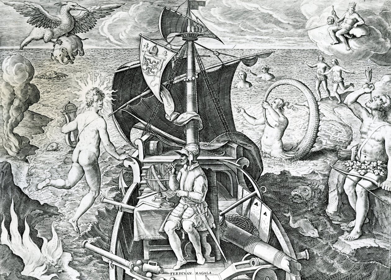 Allegory on the travels of Ferdinand Magellan, by Theodor de Bry, 16th century by Theodore de Bry