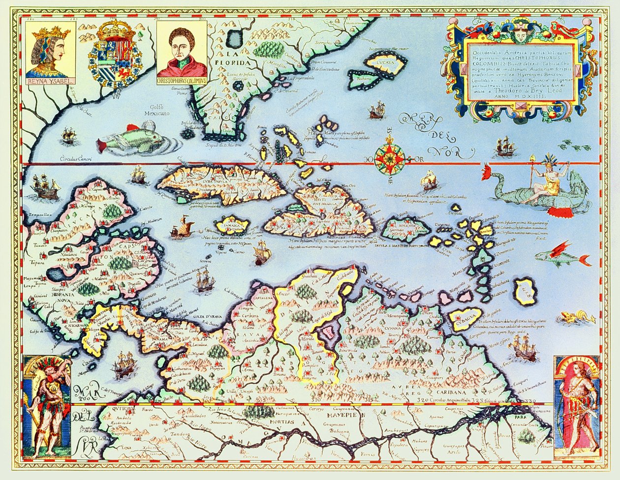 Map of the Caribbean Islands and the American State of Florida by Theodore de Bry