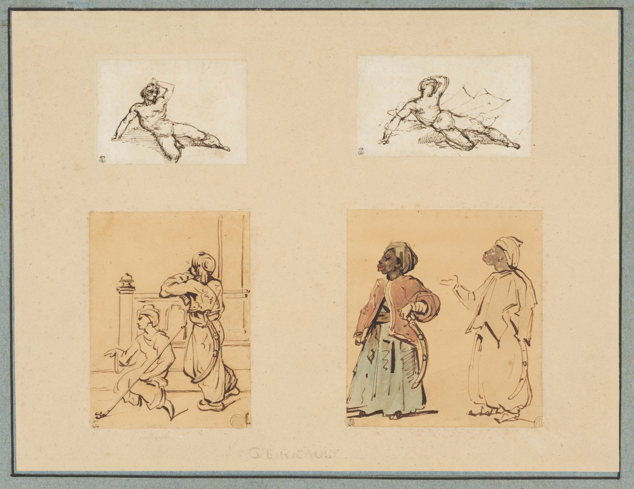 Four Drawings: Two Reclining Male Nudes and Two Studies of Ottoman Figures by Theodore Gericault