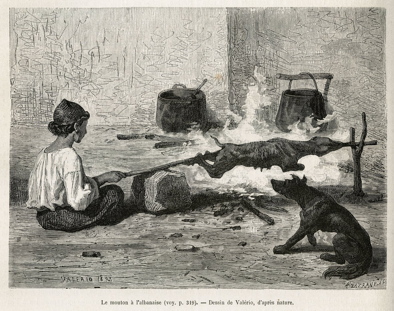 A young Montenegrin roasting a sheep with the Albanian, seated in front of the fire and constantly turning the wooden pin. Engraving after Valerio