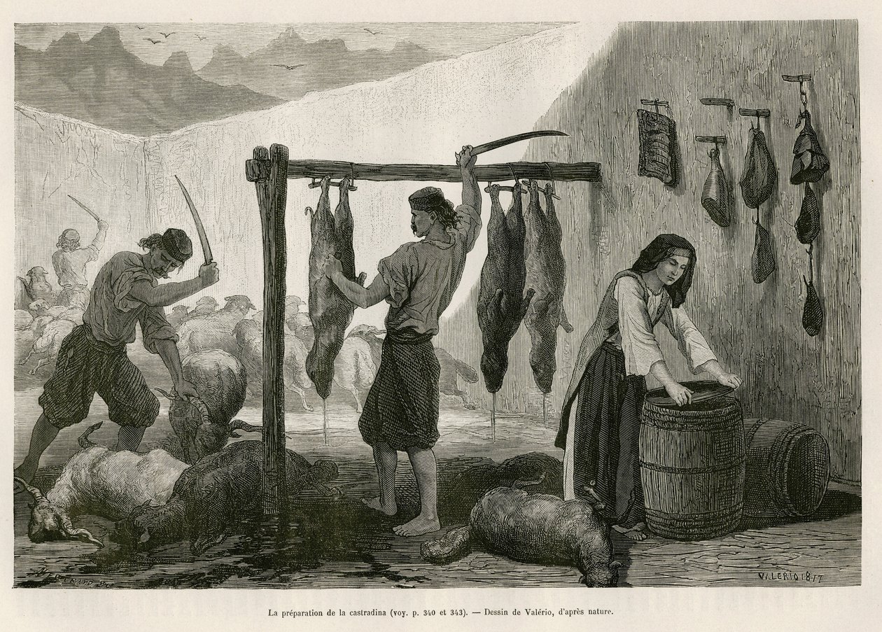 The preparation of the castradina, specialty of meat of sheep and goat salted and smoked, towards the end of October, in Dalmatia (Istria and Herzegovina) by Theodore Valerio