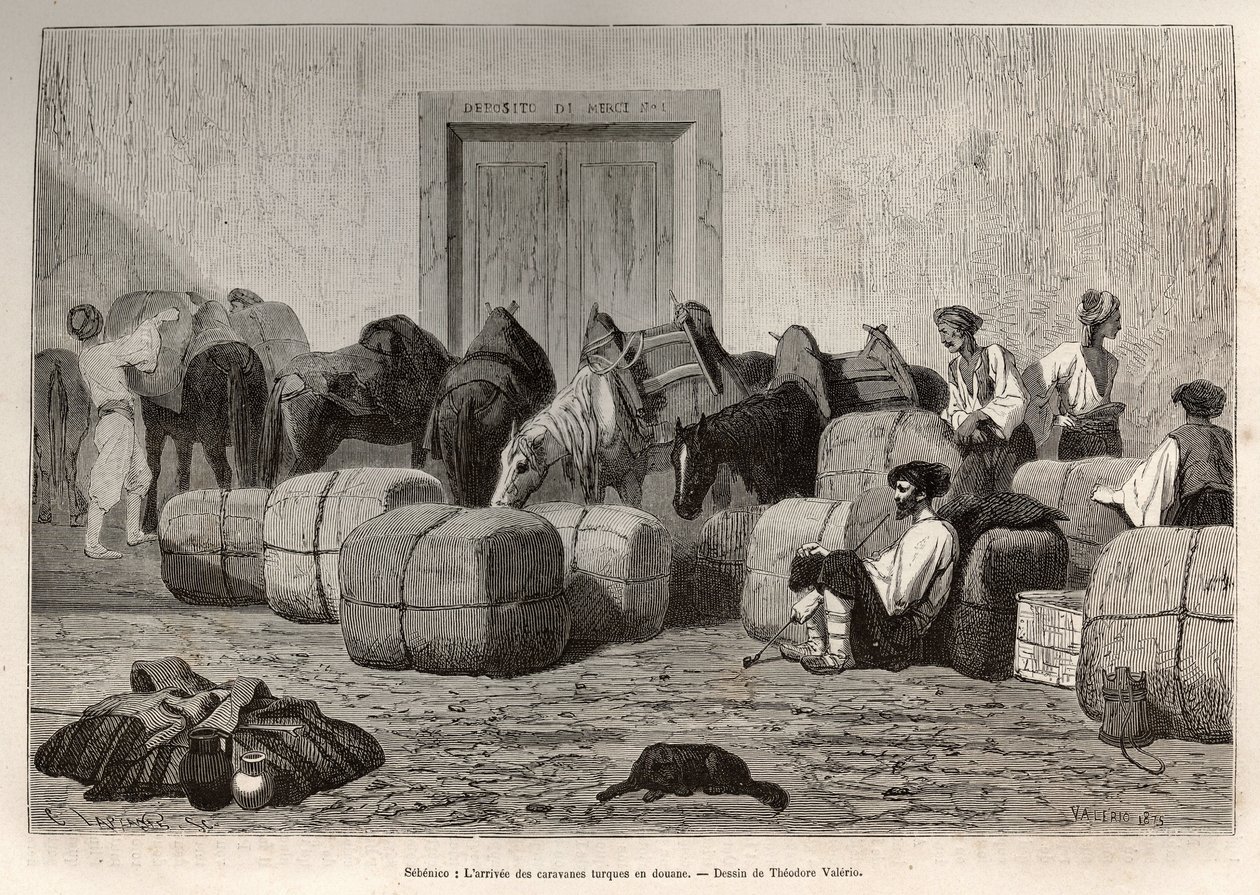 Turkish Caravans Arriving at Sebenico Customs (Serbia) (engraving after the drawing of Theodore Valerio, to illustrate a story) by Theodore Valerio