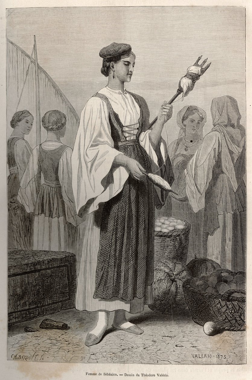 Woman of Sebenico (Serbia) Using Spindles for Spinning Wool (engraving after the drawing of Theodore Valerio, to illustrate a story about Dalmatia by Charles Yriarte, published in 