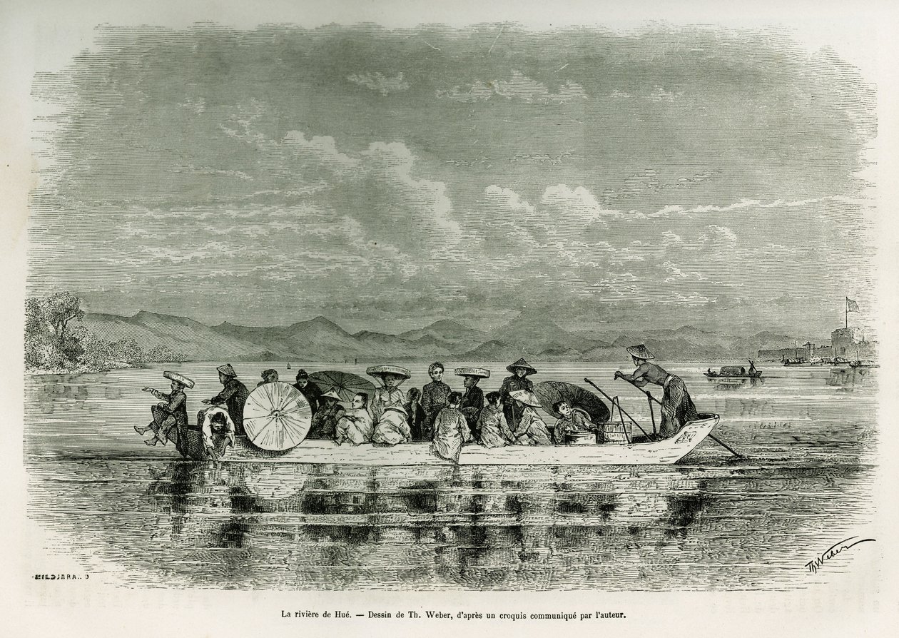 A boat on the river of Hue (Vietnam) (drawing by Th. Weber, to illustrate the story of eight days of embassy in Hue (Kingdom of Annam), 1875, by Mr. Brossard de Corbigny, lieutenant (N), attached to the mission. Engraving in 