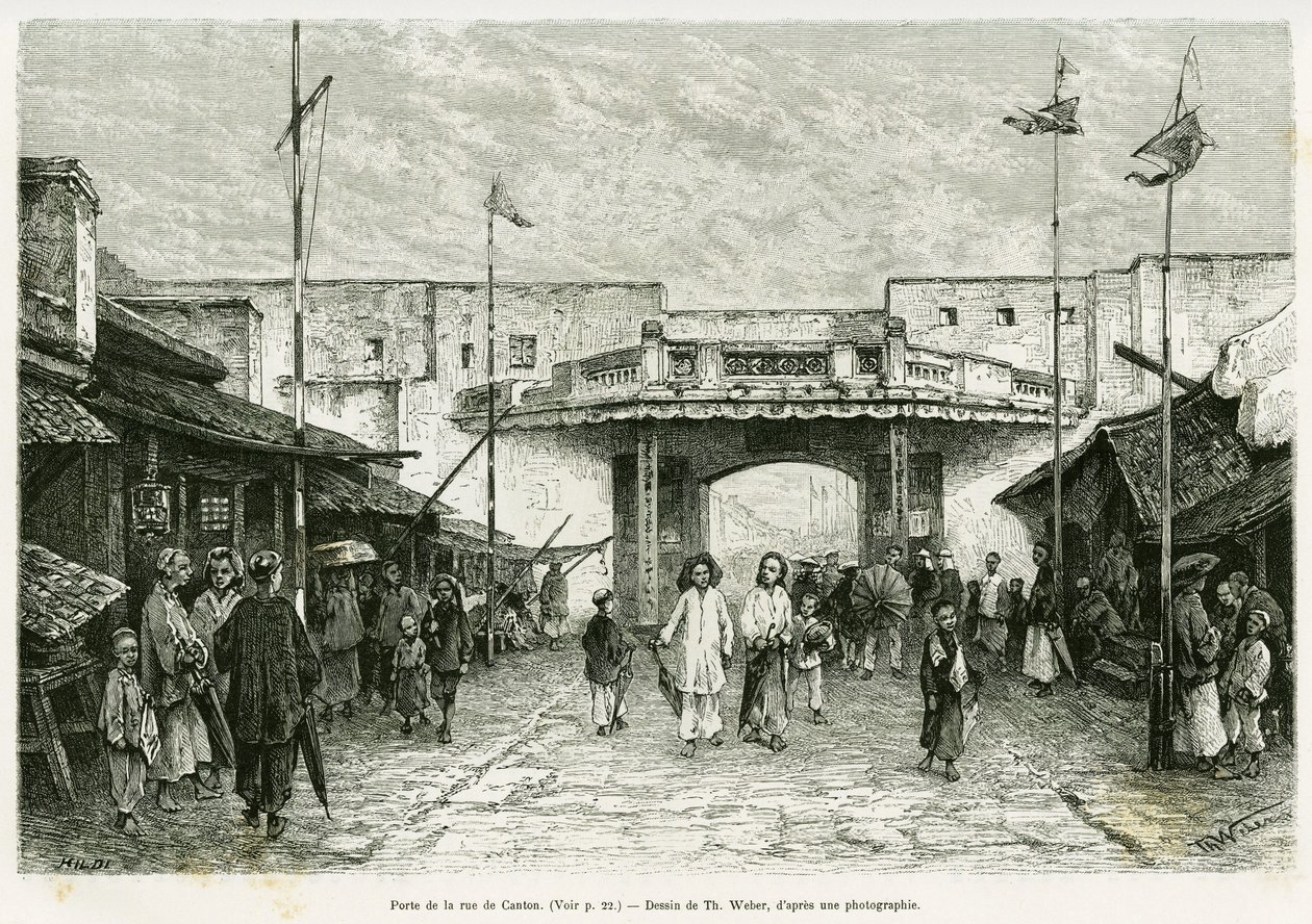 Canton Street Gate in Hanoi. Engraving of Th. Weber, from a photograph, to illustrate the story 