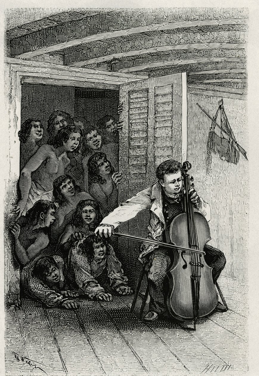 Portrait of the traveller author, playing the cello and attracting an audience of curious. Engraving by Th.Weber, to illustrate the story 