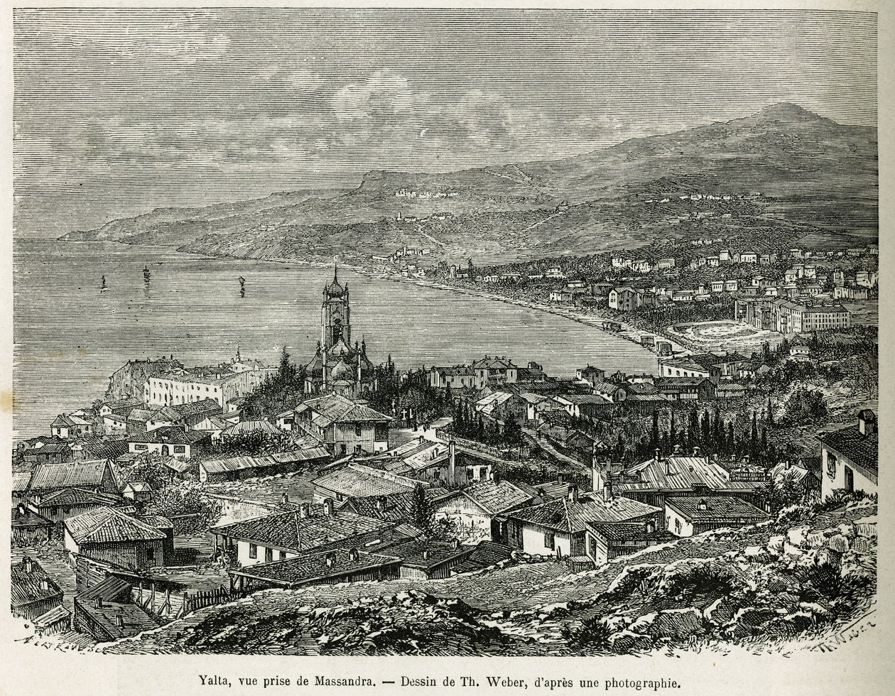 The city of Yalta, taken from Massandra, drawing by Th.Weber, to illustrate the story Four Months in Russia, in 1876, by F. De Mely. Engraving in Le tour du monde by Theodore Weber