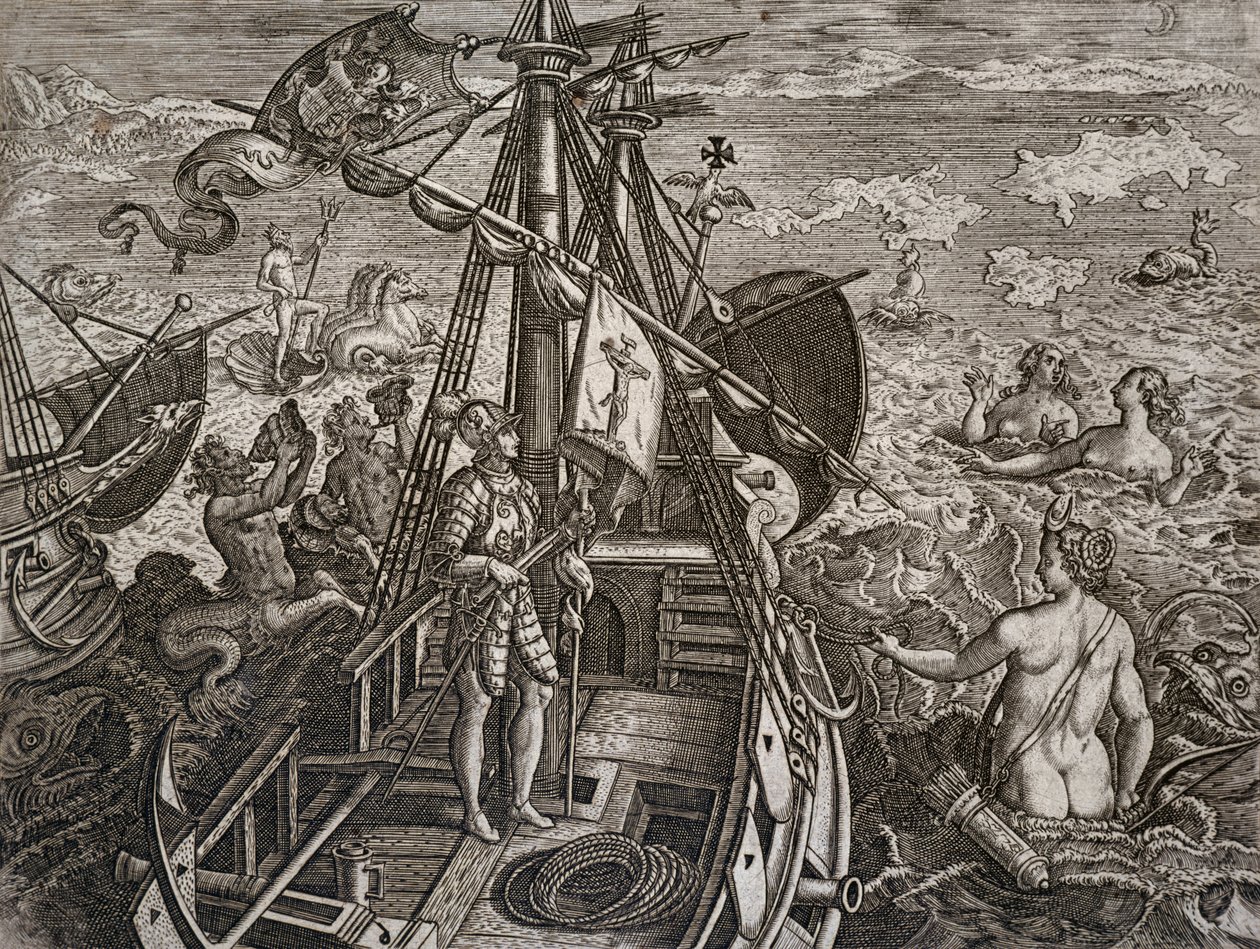 Allegory of the Journey of Christopher Columbus to the Discovery of the New World, engraving by Theodor de Bry by Theodore de Bry