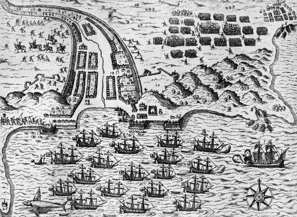 Attack on Santiago on 27th November 1585 (engraving) by Theodore de Bry