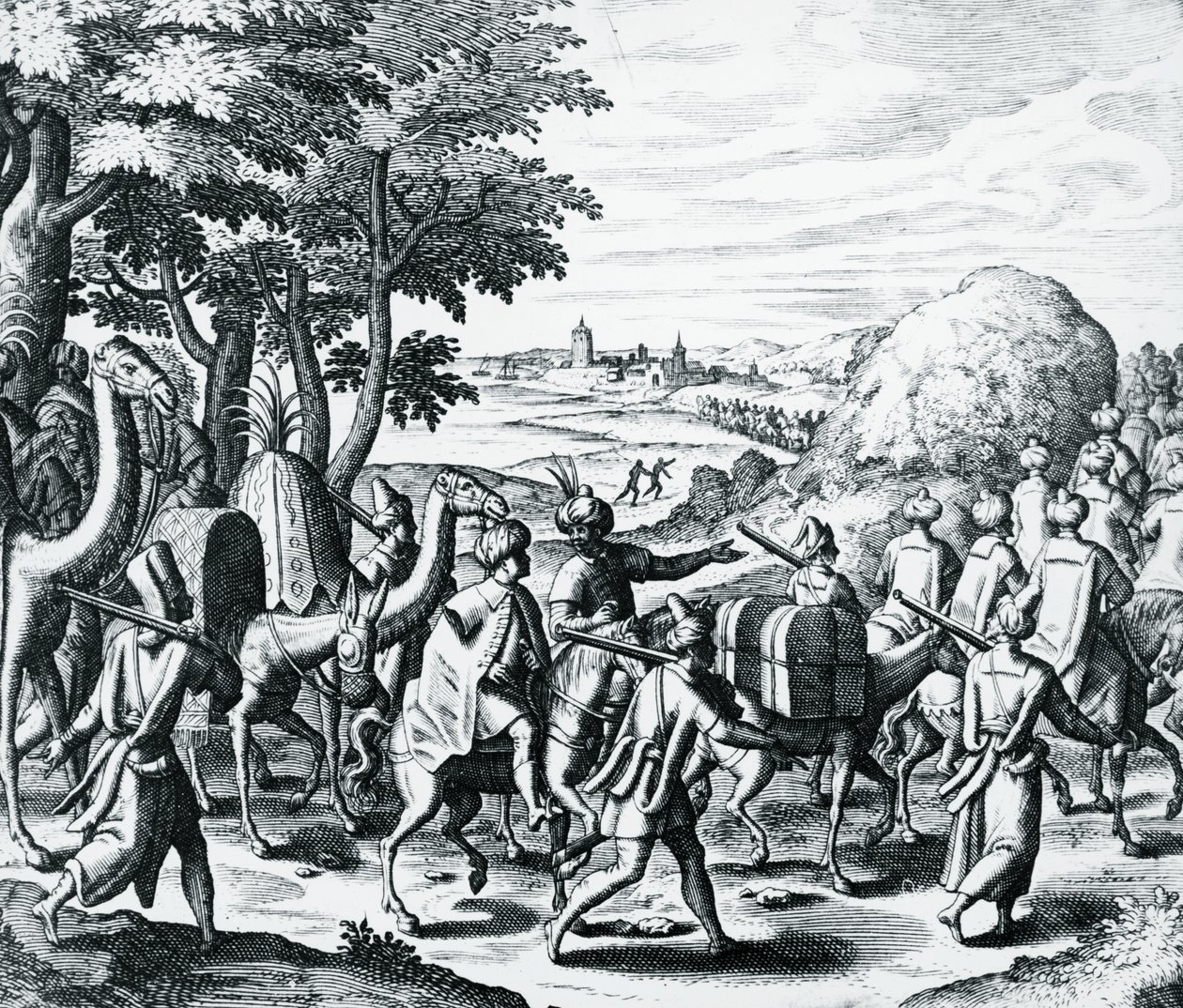 Caravan of Arab Merchants Travelling from Aleppo to Basra, from Grands and Petits Voyages by Theodore de Bry