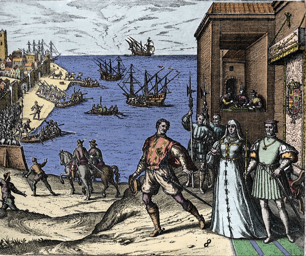 Christopher Columbus and the Pinzon brothers leaving the port of