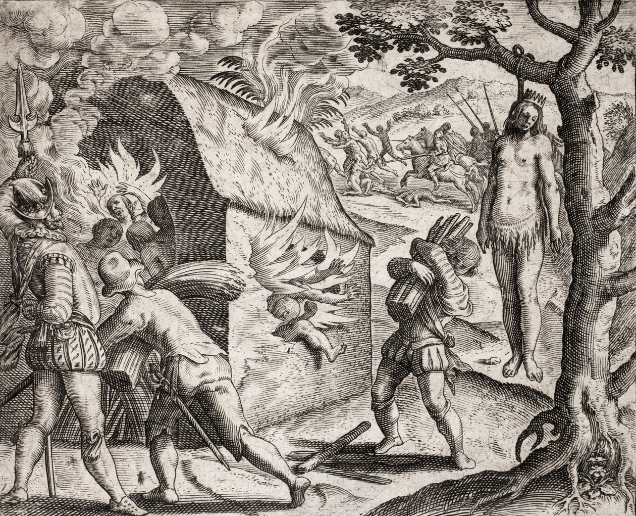 Description of crimes inflicted on Indians by Spanish settlers - Fire of an Indian village by the Conquistadors. Hanging - Engraving by Theodore de Bry in 