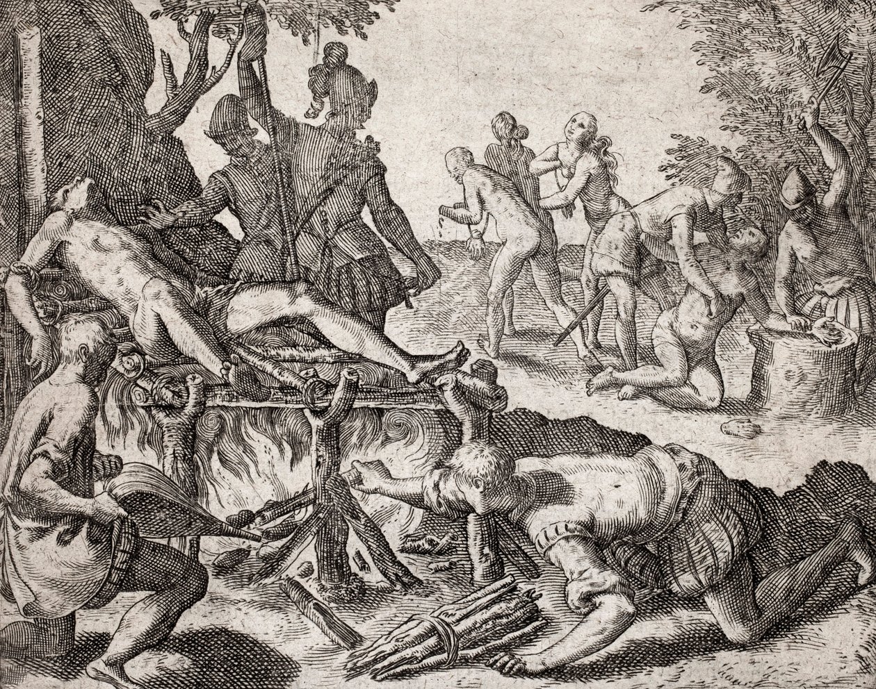 Description of Crimes Inflicted on Indians by Spanish Settlers - Scene of Torture of Indians by Spanish Conquistadors. Torture on a Grill, Amputation of Hands - Engraving by Theodore de Bry by Theodore de Bry