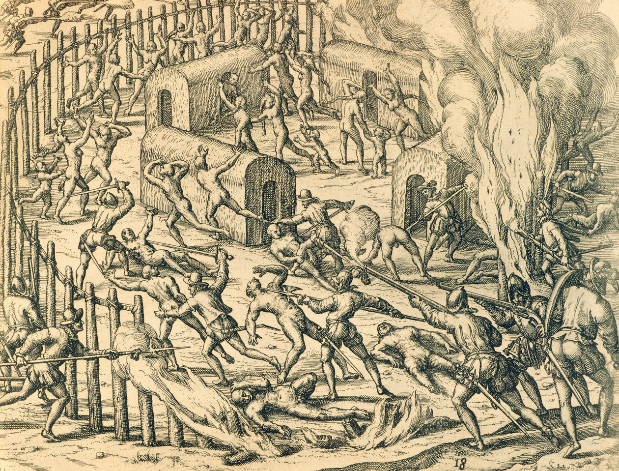 European Conquerors Attacking an Indian Village, Illustration from American History by Theodore de Bry