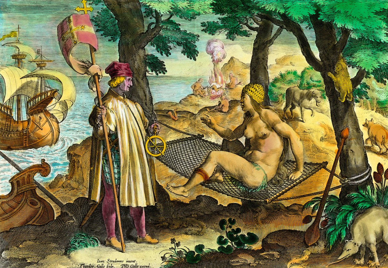 History of America: First contact of the Italian navigator Amerigo Vespucci with the Indians of America by Theodore de Bry