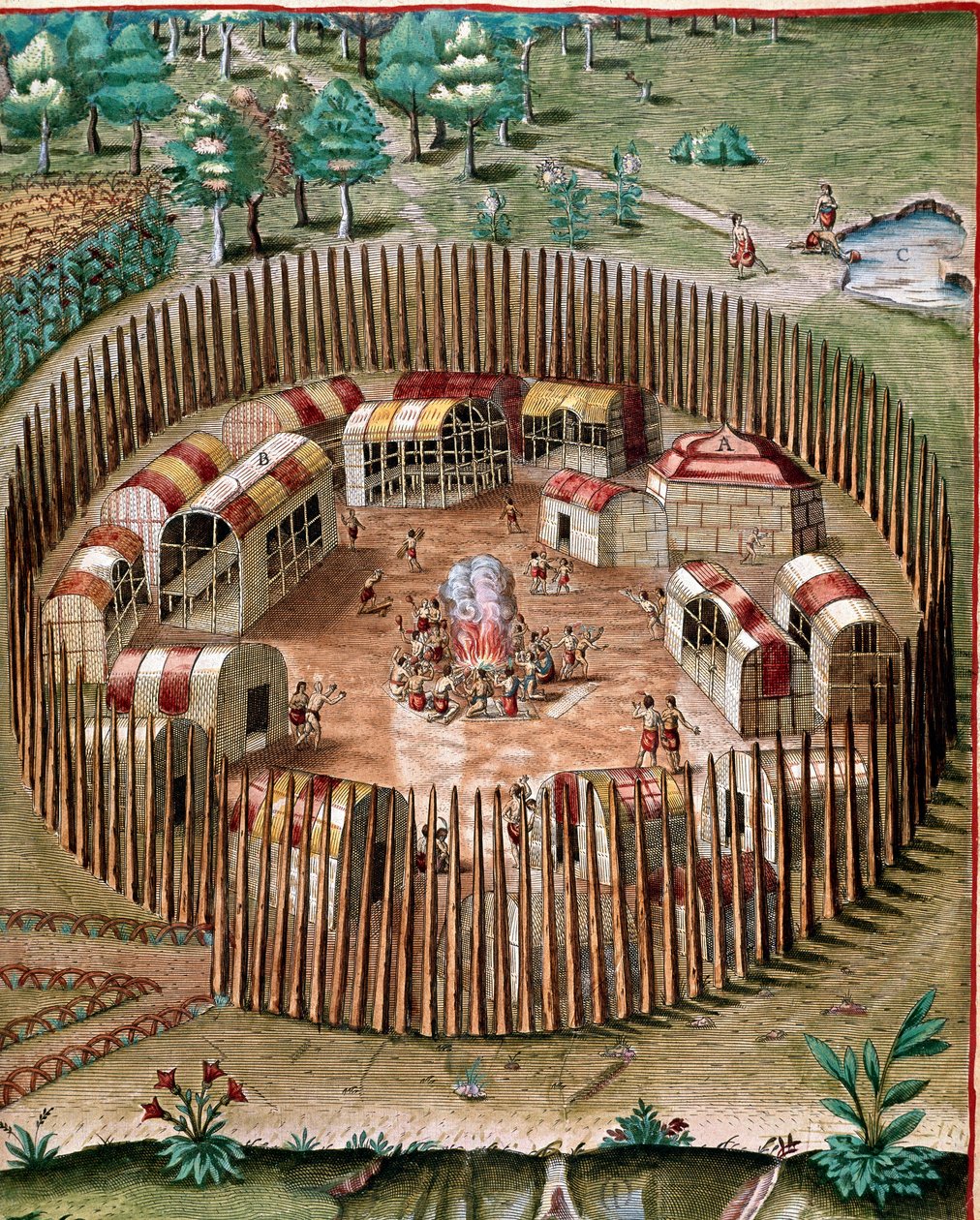 History of America: Representation of the fortified city Pomeiock or Pomeiooc in Virginia in 1585. Engraving from Admirante Narratio Americae by Theodore de Bry (1528-1598) by Theodore de Bry