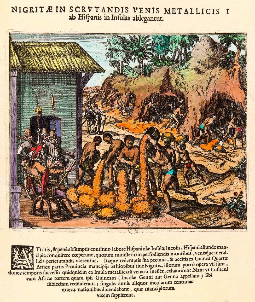 History of America: Spaniards exploit gold mines. The Indians work before the eyes of the settlers. Engraving by Theodore de Bry (1528-1598). 16th century Private collection by Theodore de Bry