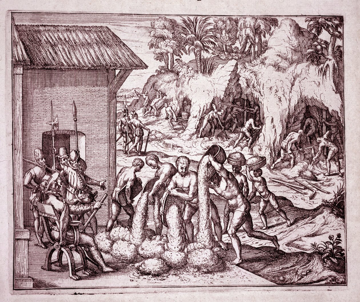 History of America: the Spanish exploit the gold mines (Engraving) by Theodore de Bry