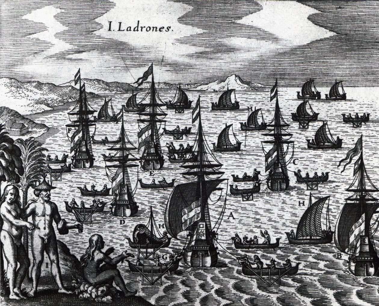 Islands of Thieves, engraving from Peregrinationes, by Theodor de Bry. 16th century by Theodore de Bry