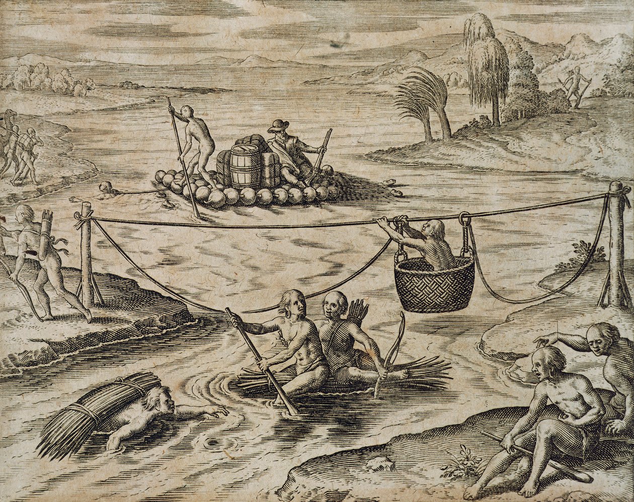 Native American Indians Going Down River Rapids by Theodore de Bry
